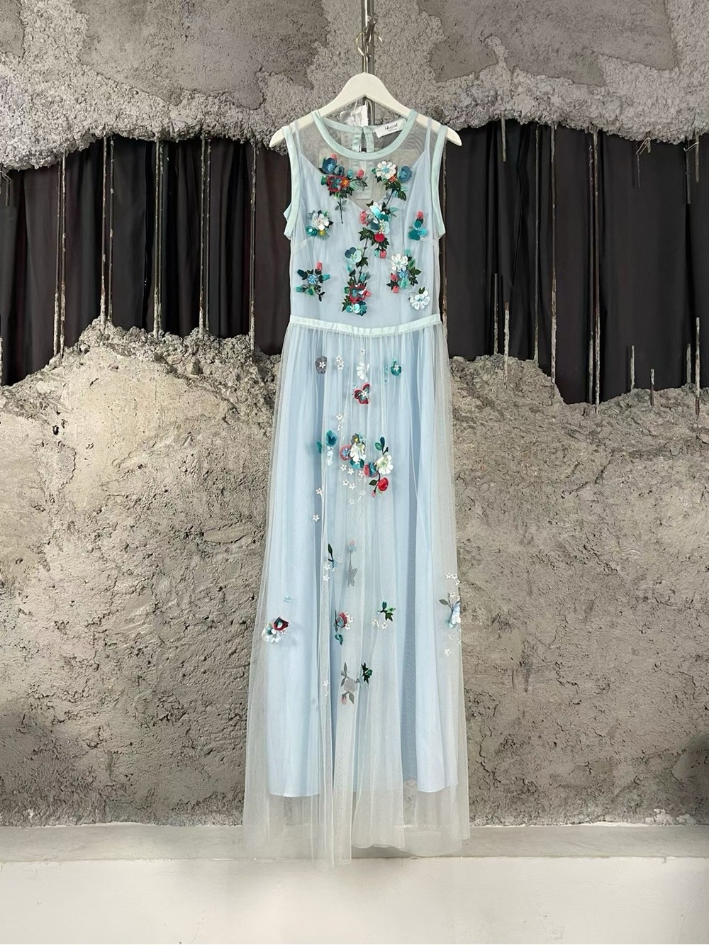 🚩steal blugirl Embroidered Floral Tulle Maxi Dress in Light Blue